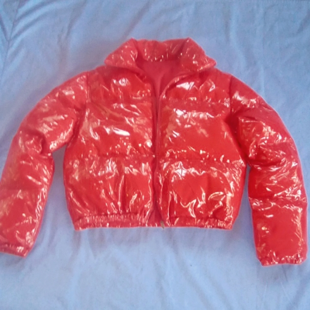 Cropped  cotton puffer jacket red glossy zip up long sleeve size large